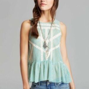 Free People Women’s Crochet Peplum Tank Top Size Small Teal Green Keyhole